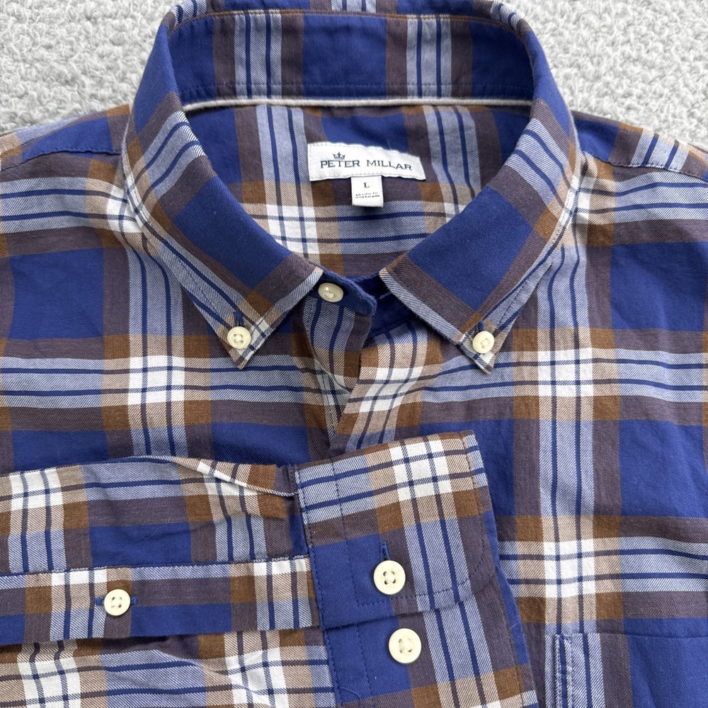 Peter Millar Button Up Mens L Blue Brown Plaid Crown Comfort MF22W04UBL